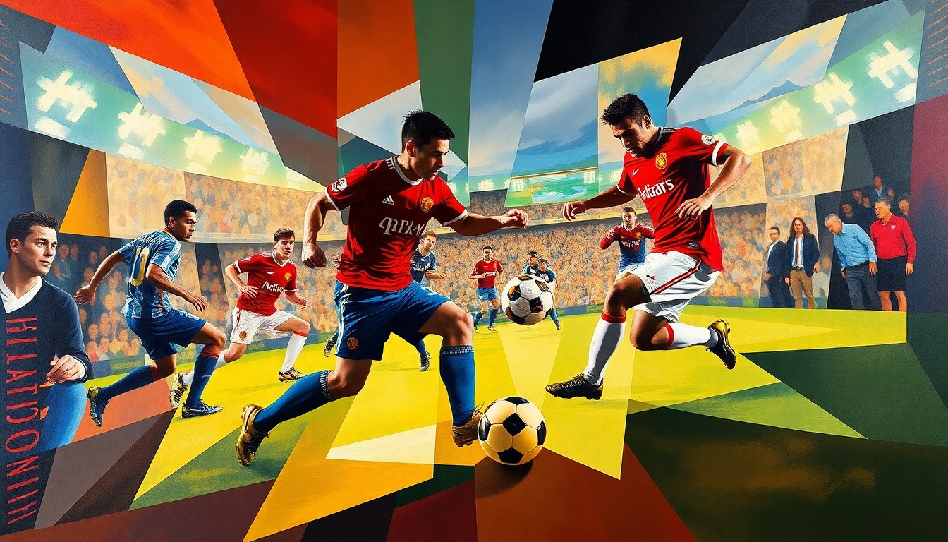 A fractured, multi-perspective painting in the style of Pablo Picasso, breaking down a soccer match between Manchester United and Al-Nassr into sharp, overlapping geometric planes. The players' forms are abstracted into angular, colorful shapes, with the ball and field blending together in a dynamic, cubist composition.