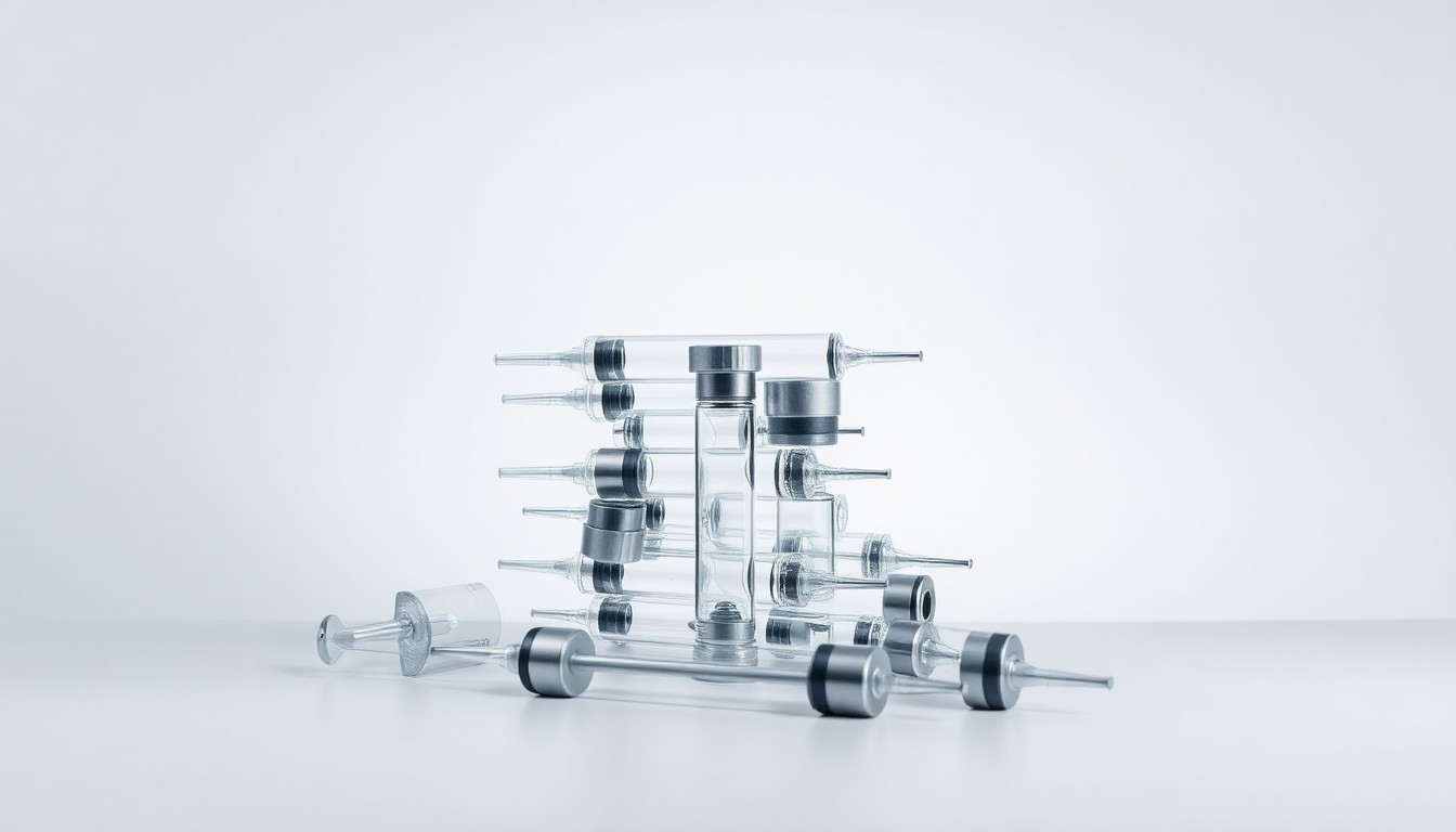 A high-end, photorealistic studio still-life photograph featuring a stack of polished glass and metal medical vials or syringes, arranged elegantly on a clean, monochromatic background and dramatically lit to symbolize the abstract concepts of biotech innovation and pharmaceutical development.