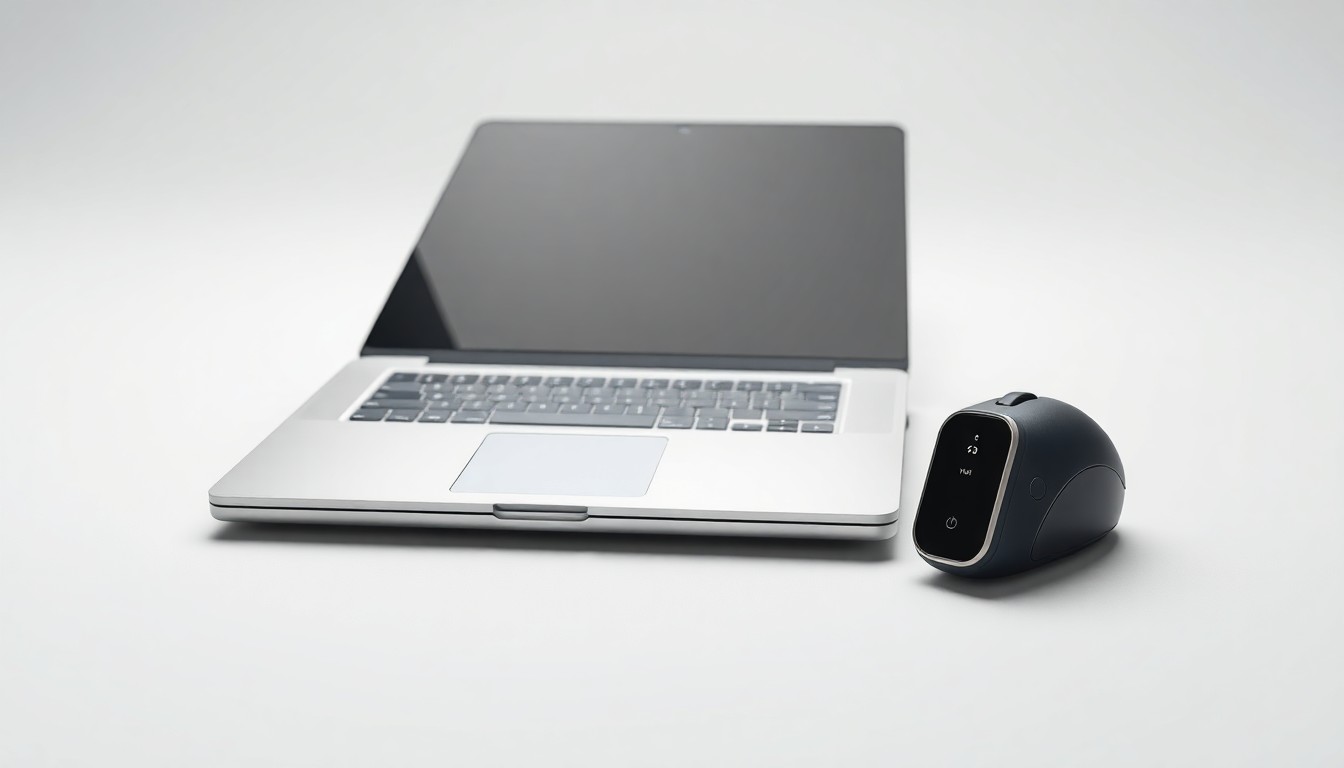 A high-end studio still life photograph featuring a laptop computer, wireless mouse, and medical wearable device arranged elegantly on a clean white background, representing the intersection of technology and healthcare.