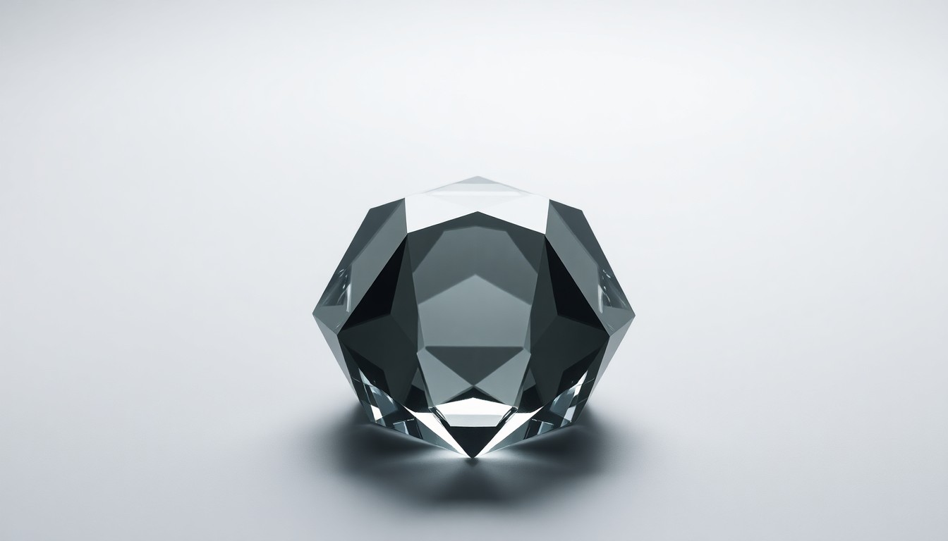 A photorealistic studio still-life photograph featuring a polished, geometric glass paperweight or sculpture in the center, representing the iconic Utica Square shopping center transitioning to new ownership, placed on a clean, monochromatic background with dramatic lighting and shadows.