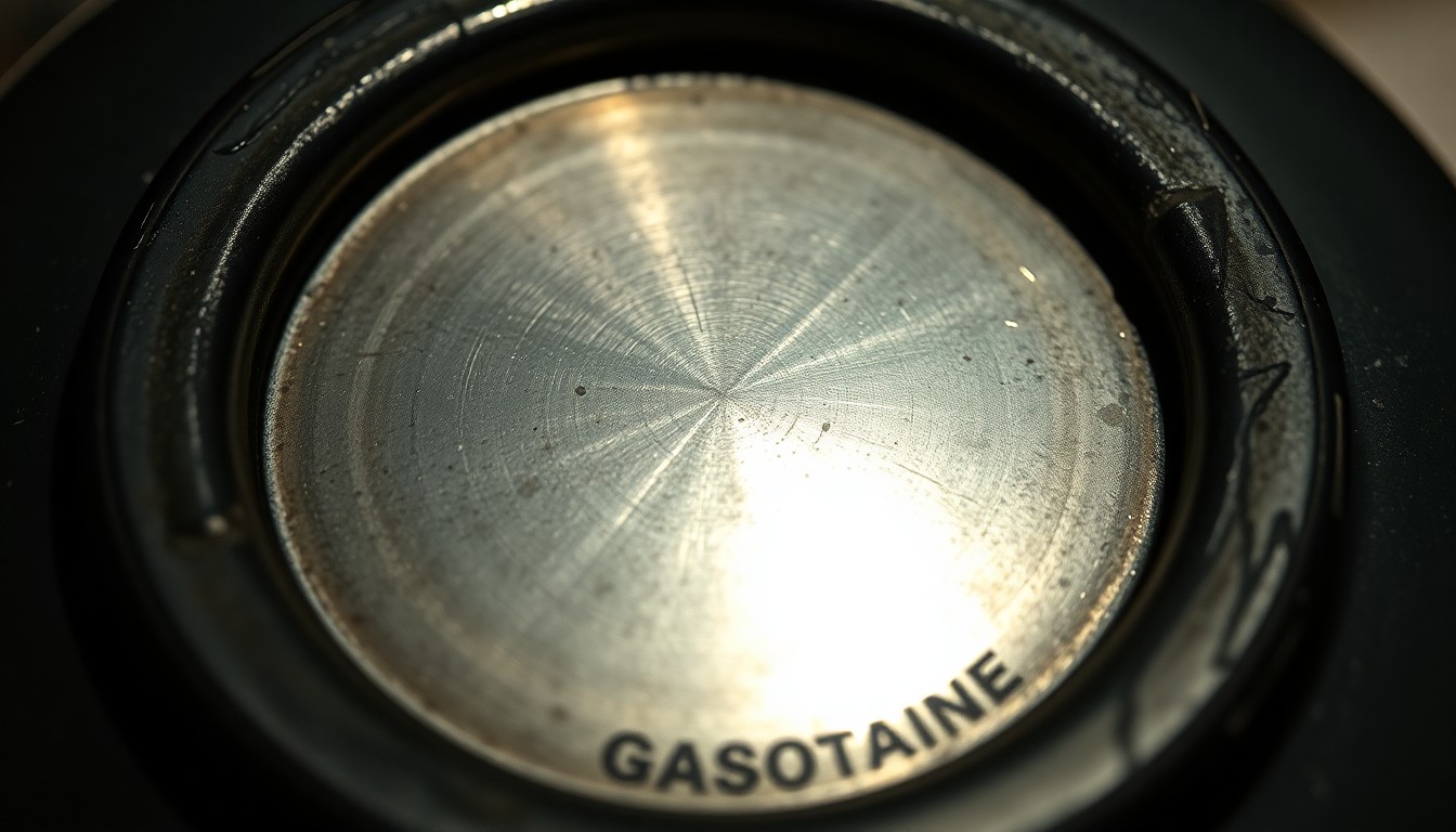An extreme close-up of a shiny metal gasoline canister lid, the surface reflecting a harsh, direct camera flash, creating a stark, gritty, investigative aesthetic.