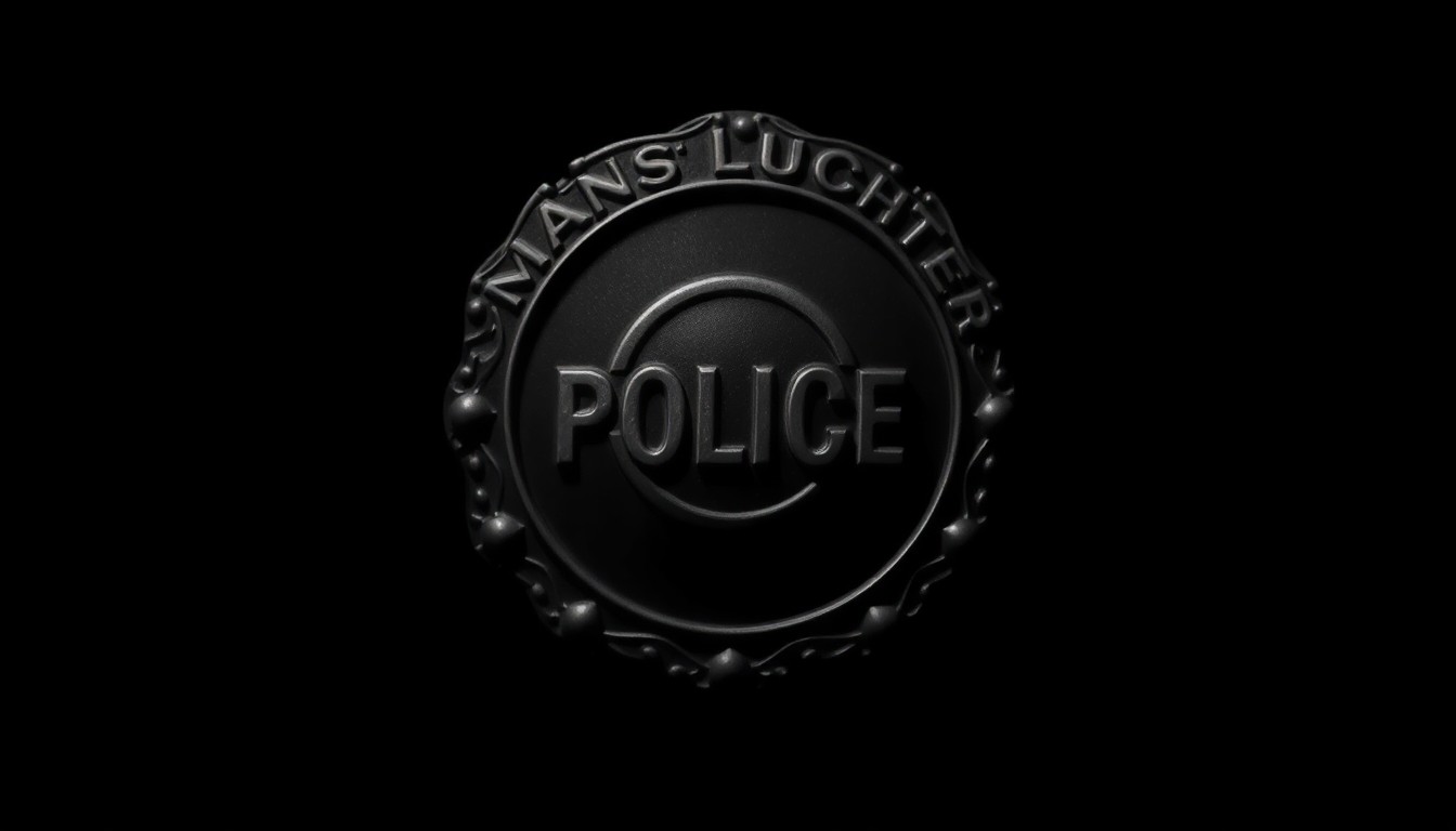 An extreme close-up photograph of a police badge or insignia, the metallic surface reflecting a harsh, direct camera flash against a pitch-black background, creating a stark, gritty, investigative aesthetic.