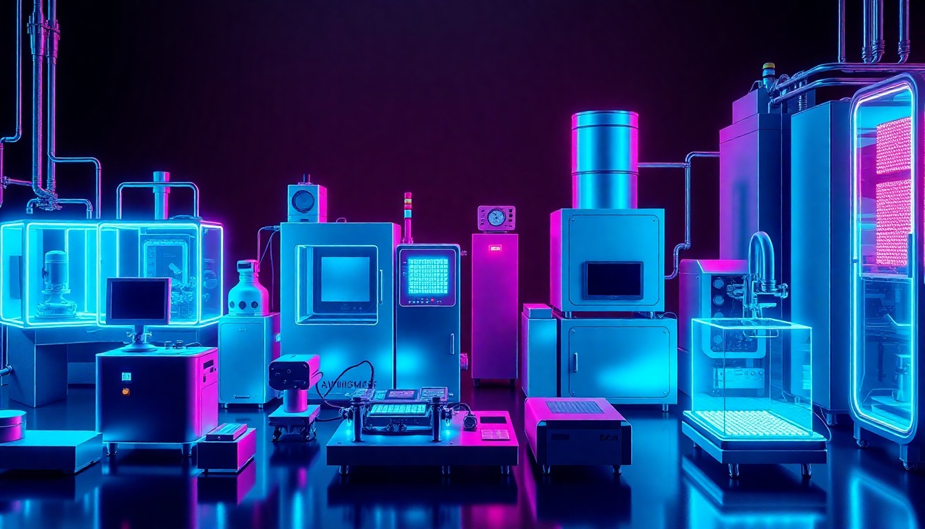A highly detailed, glowing 3D illustration of various ACM semiconductor manufacturing tools and equipment, including wafer cleaning systems, electroplating modules, and advanced packaging devices, all illuminated by neon cyan and magenta lights against a dark background, conceptually representing ACM's technological innovations.
