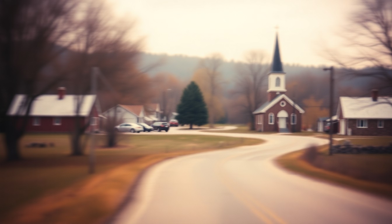 An impressionistic, out-of-focus scene of a rural Midwest town with a church steeple, trees, and a winding road, conveying a sense of nostalgia and community.