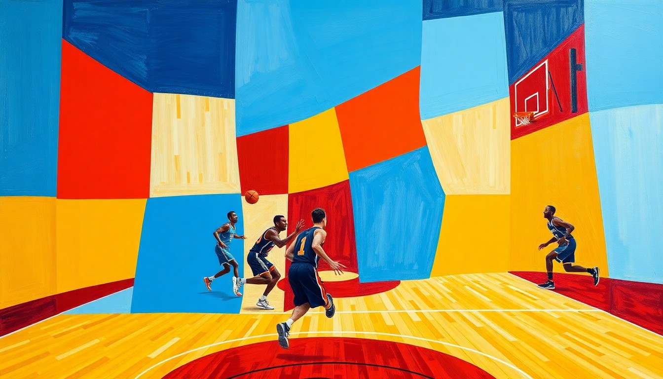 A cubist, geometric painting depicting the chaotic action of a college basketball game, with players' movements and the court's lines fractured into sharp, overlapping shapes in a vibrant color palette.