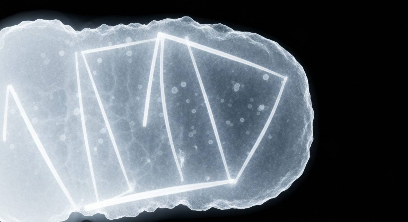 An extreme close-up X-ray photograph revealing the internal structure of a frozen chicken nugget, with bright ghostly lines highlighting the presence of lead contamination.