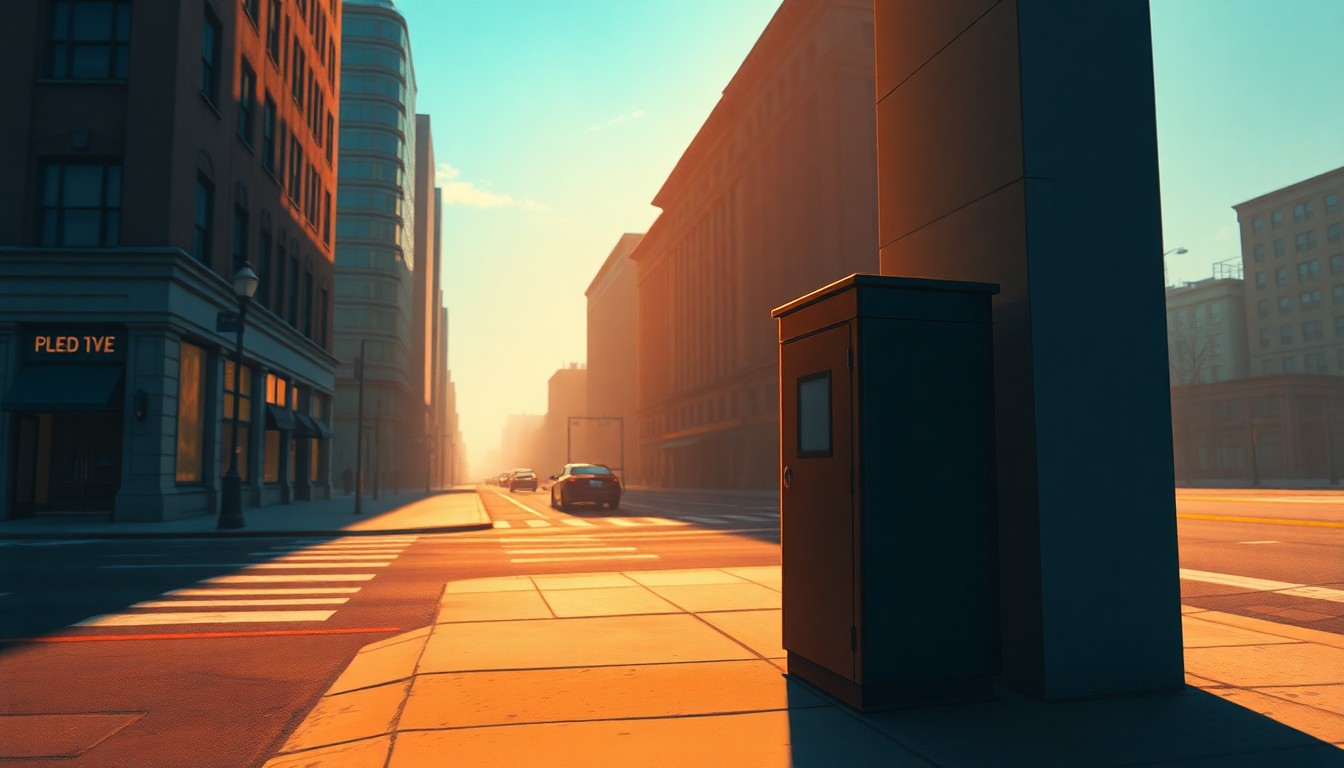 A photorealistic painting of an empty metal ballot drop box on a city street corner, with the box illuminated by warm, angled sunlight and surrounded by deep shadows, conveying a sense of quiet contemplation about the changes to Ohio's voting laws.