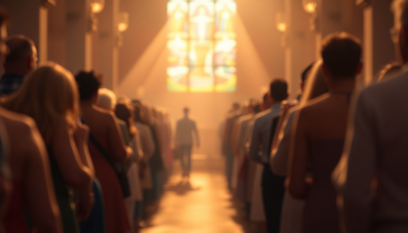 An abstract, impressionistic photograph of a church congregation processing down the aisle, with soft, blurred figures and pools of warm, golden light, conveying a reverent and celebratory mood.