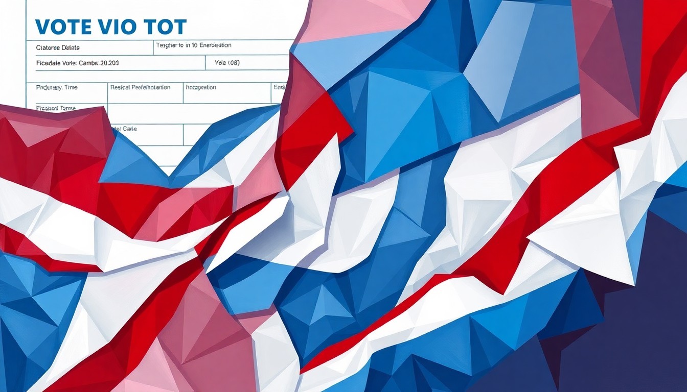A fractured, abstract painting in red, white, and blue hues depicting a voter registration form or ID document, conveying the complex and contentious nature of the debate over voting rights and election integrity.