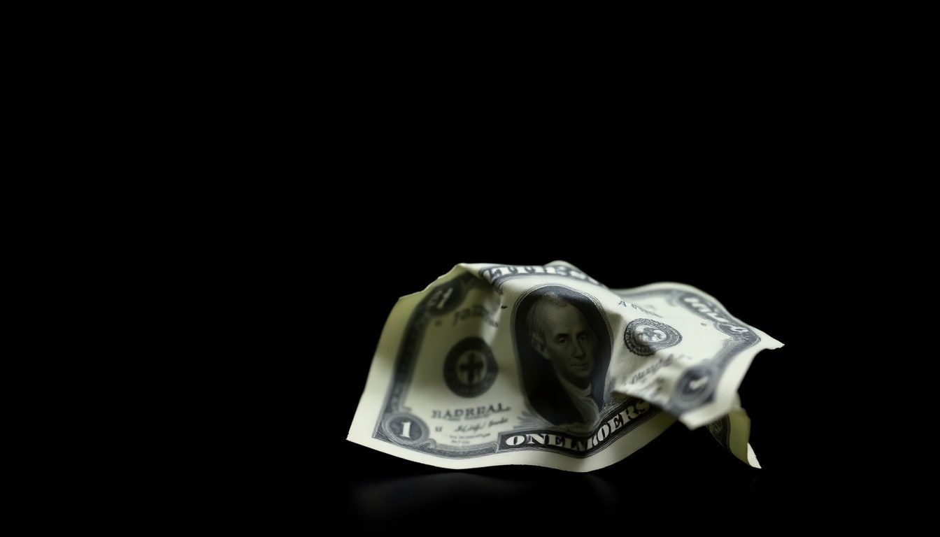 An extreme close-up photograph of a crumpled dollar bill, its texture and shadows dramatically illuminated by a harsh camera flash against a pitch-black background, conceptually representing the misuse of school fundraising money.