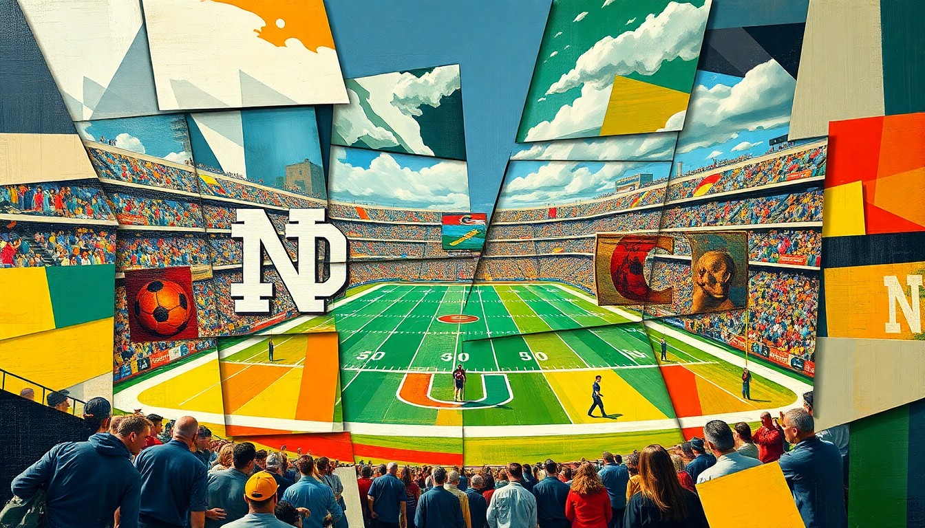 A cubist, geometric painting depicting a football game or match between Notre Dame and Miami, with the players and field broken down into sharp, overlapping planes of color and shape.