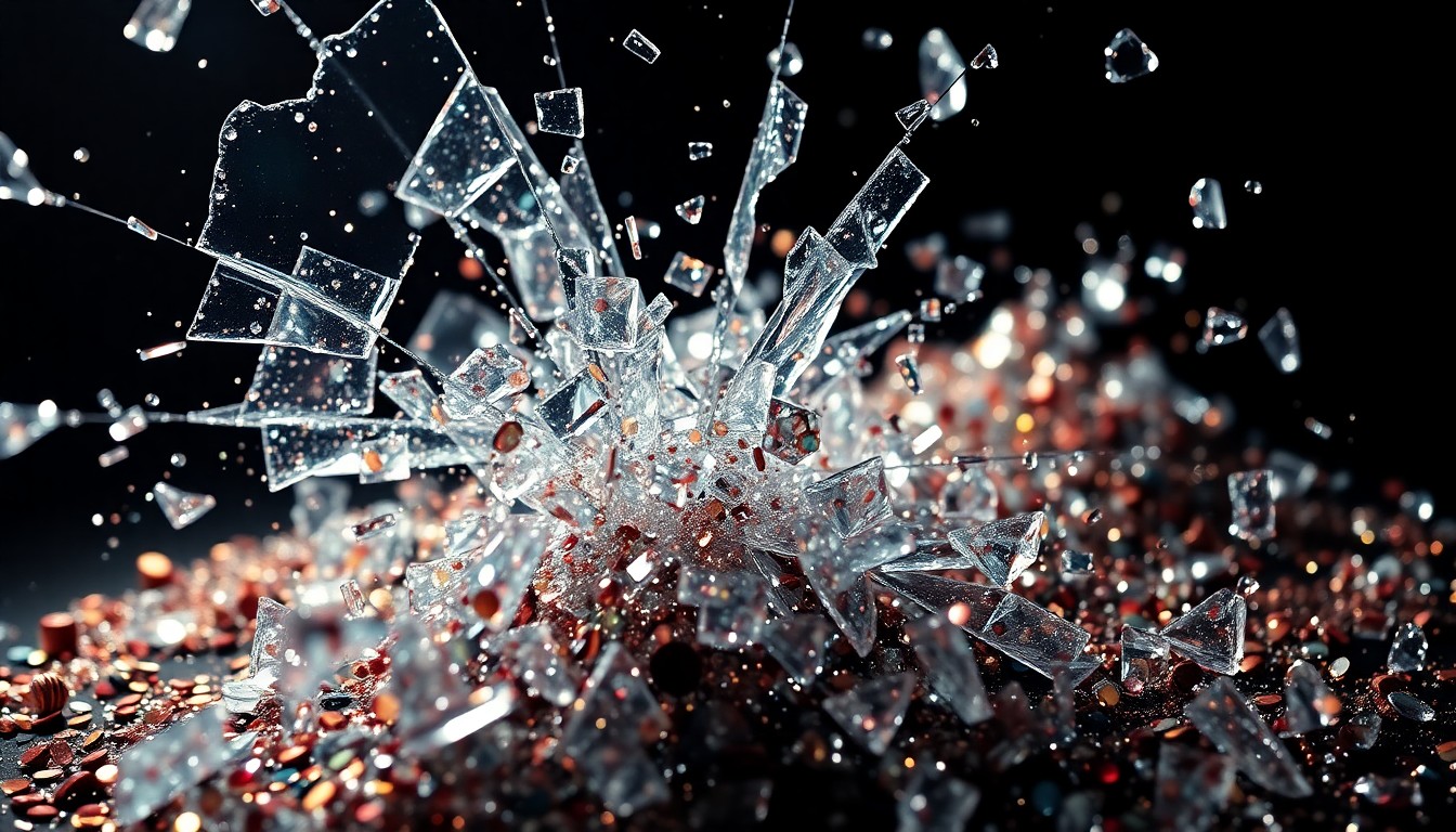 An abstract close-up image featuring shattered glass and glittering sequins, conveying the high-stakes drama and glamour of the celebrity legal dispute.