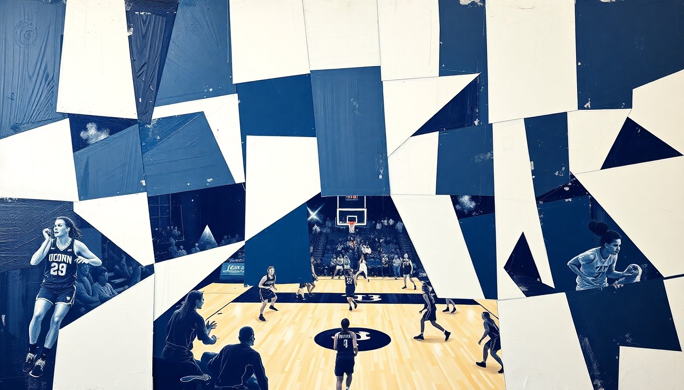 A fractured, geometric painting depicting a women's basketball game, with sharp, overlapping planes in navy blue and white representing the dynamic movements and energy of the players on the court.