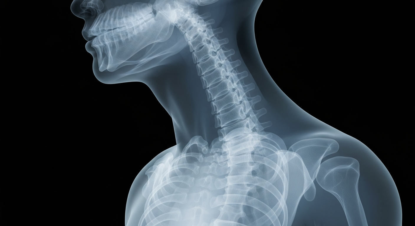 A highly detailed, translucent X-ray image showing the delicate structure of the human spine and neck, conceptually representing the intricate injuries that can occur in car accidents.