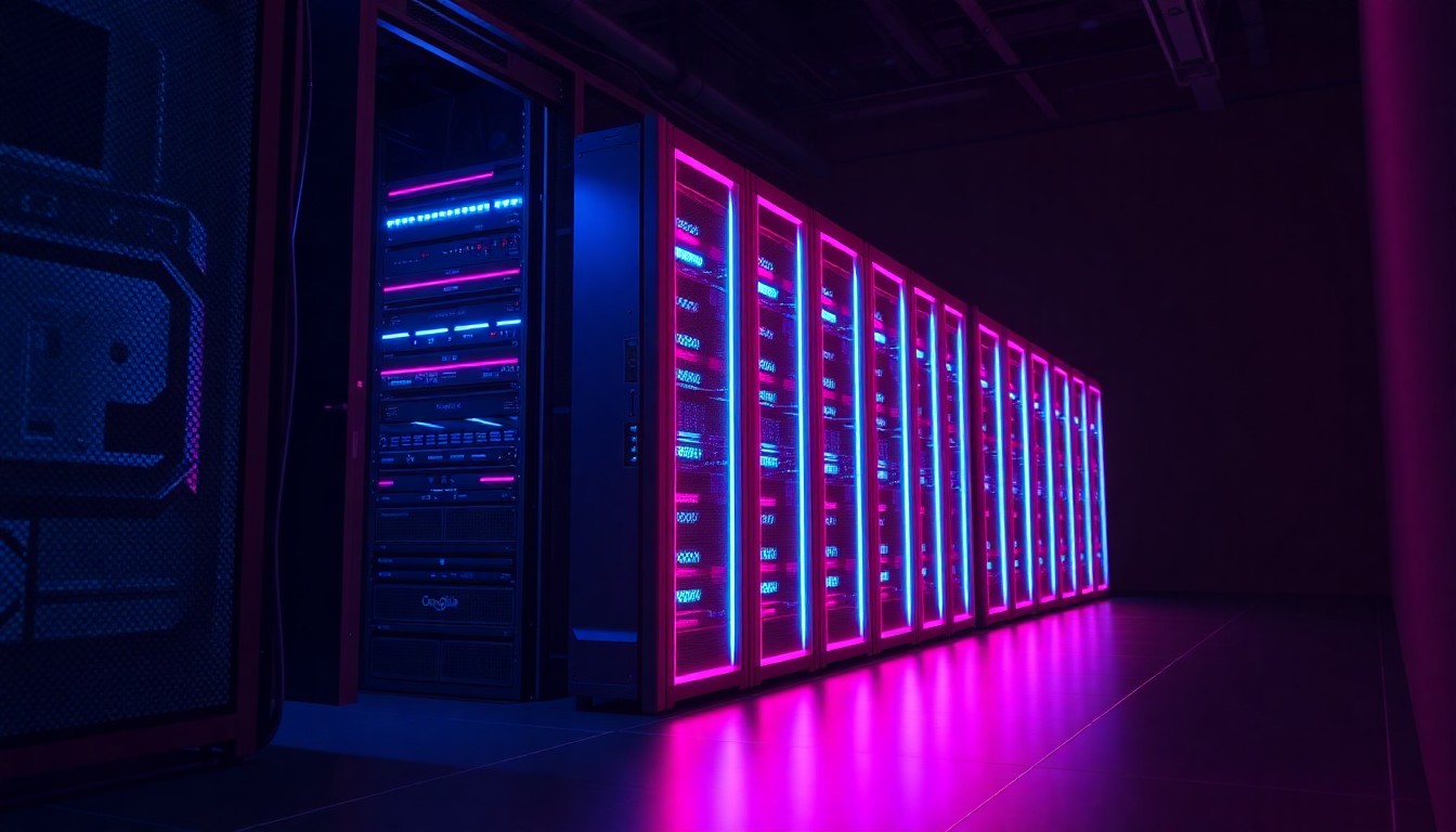 A highly detailed 3D illustration of a glowing, futuristic data server rack emitting neon cyan and magenta lights, representing the physical infrastructure powering an AI datacenter. The server rack is set against a dark, moody background, conveying the high-stakes tension between technology and climate.