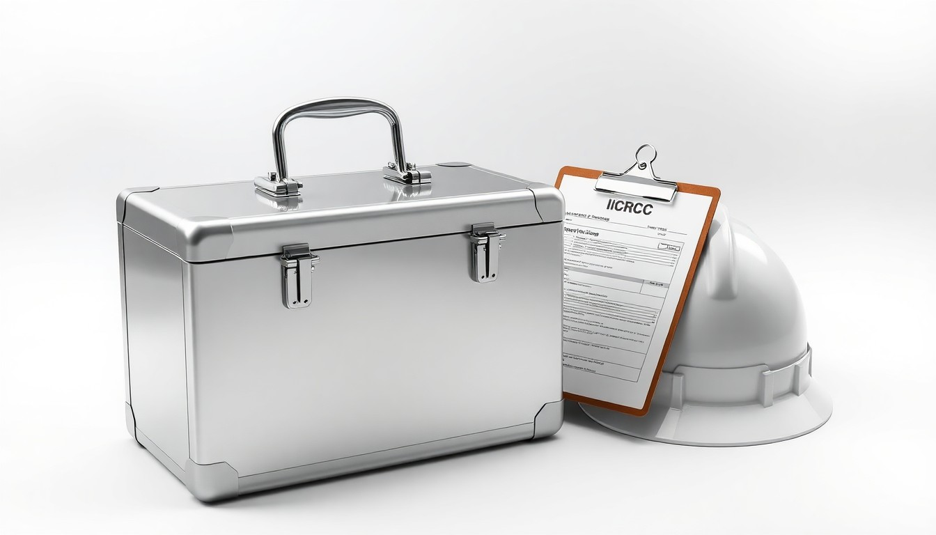 A minimalist studio still life photograph featuring a polished metal toolbox, a clipboard with inspection forms, and a hardhat, symbolizing the technical expertise and attention to detail behind the IICRC certification earned by Austin Fire & Flood.