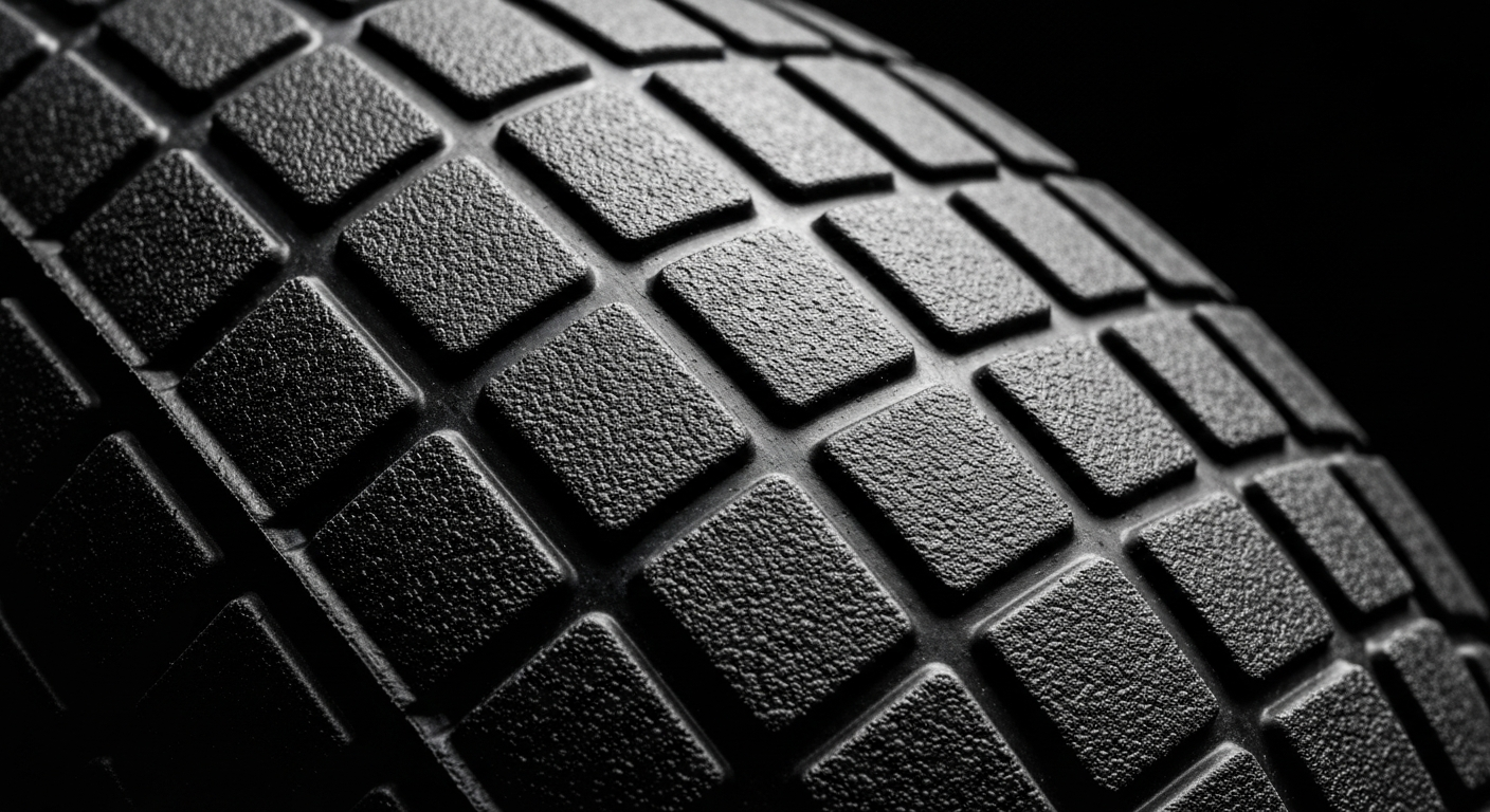 An extreme close-up of the textured, pebbled surface of a heavy-duty rubber mudguard, capturing the raw materials and construction details in dramatic lighting and vivid colors.