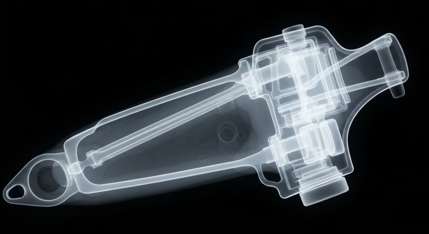A ghostly, translucent X-ray image revealing the internal components of a medical device used in an urgent care setting, conveying the clinic's advanced diagnostic capabilities.