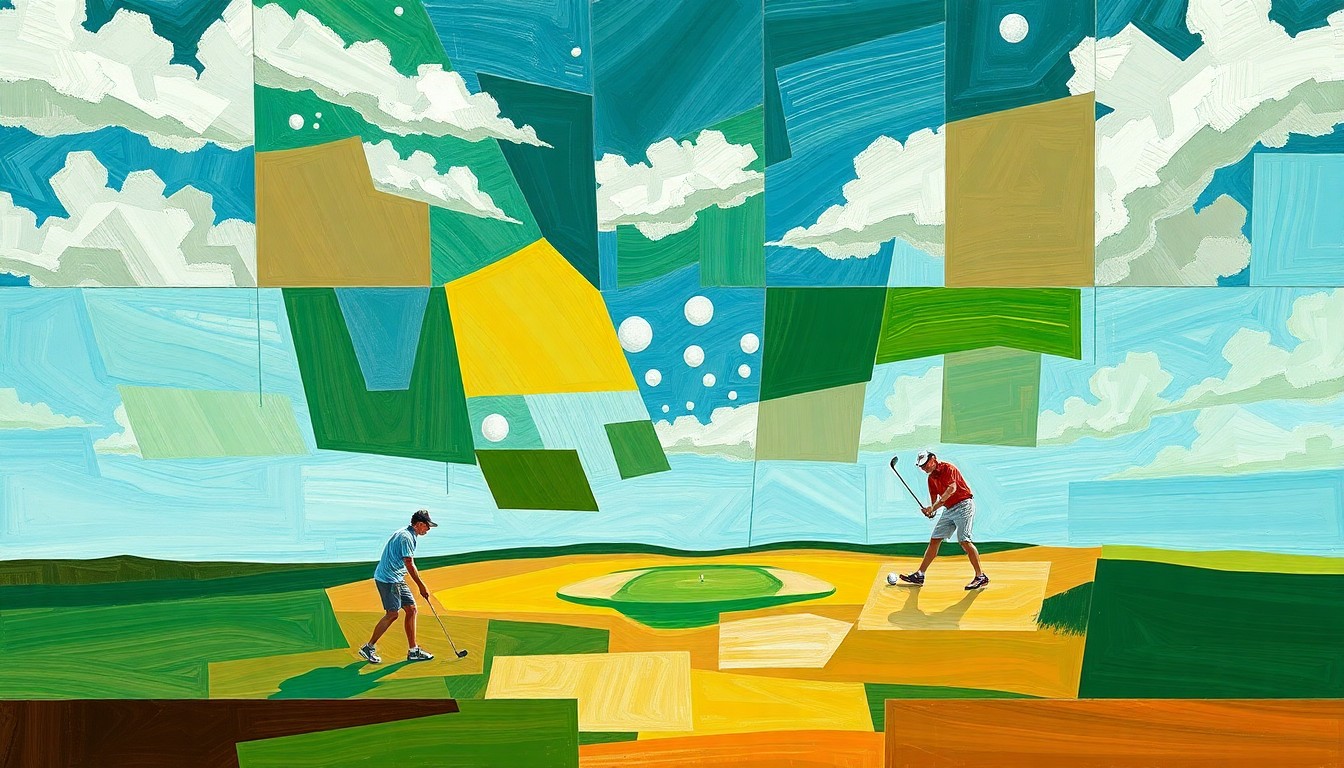 A fragmented, geometric painting in shades of green, brown, and blue, depicting the dynamic motion and overlapping perspectives of a high school golf match.