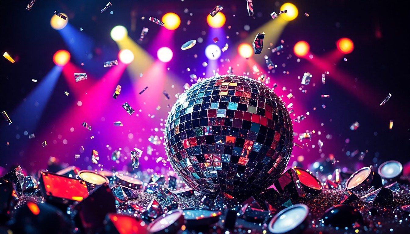 An extreme close-up photograph of shimmering, fragmented disco ball pieces reflecting vibrant stage lighting, conveying the dynamic atmosphere of a live rock concert.