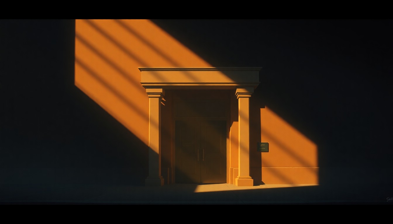 A serene, photorealistic painting of a courthouse entrance with a warm, golden glow from the sun, conveying a sense of quiet contemplation and civic responsibility.