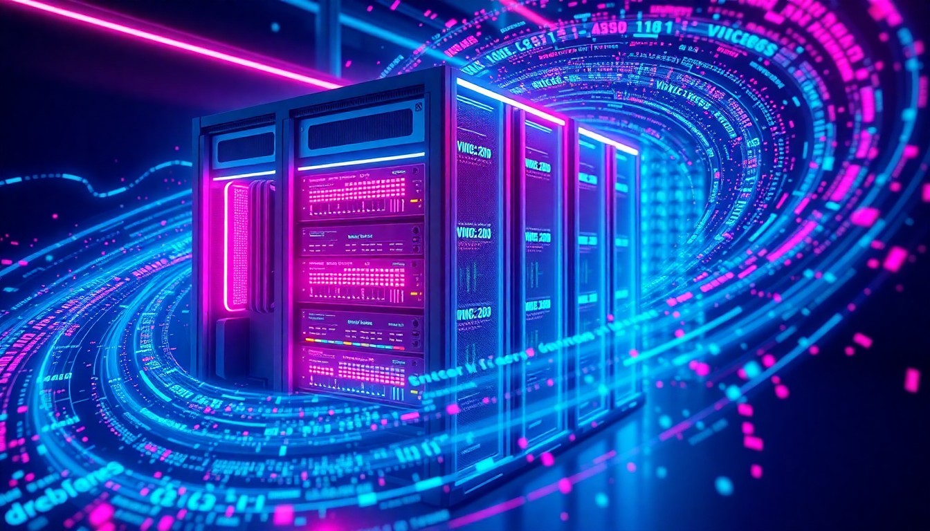 A highly detailed, glowing 3D illustration of a futuristic video processing server rack, with neon cyan and magenta lights illuminating the various components. The server rack is surrounded by a swirling data visualization of video metadata, conceptually representing the AI-powered video intelligence capabilities of the partnership.