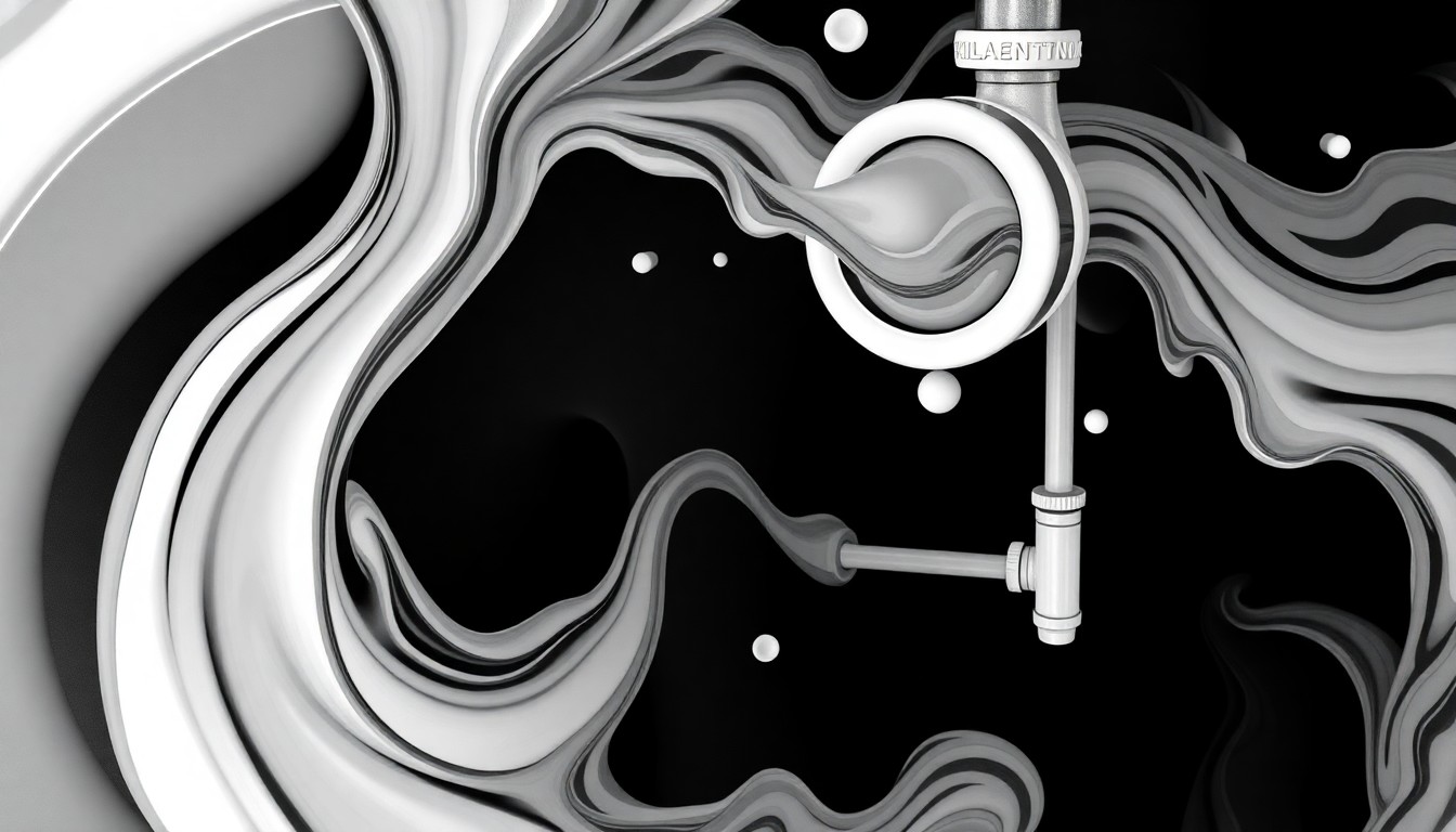 A high-contrast black-and-white photograph depicting abstract swirling patterns and geometric shapes, representing the intricate fluid dynamics and plumbing systems of a space toilet.