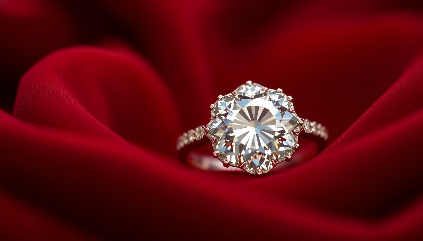 An extreme close-up photograph of a sparkling diamond wedding ring set against a soft, blurred background of rich burgundy and gold velvet fabric, conveying the luxurious and timeless nature of the Marrs' long-lasting relationship.