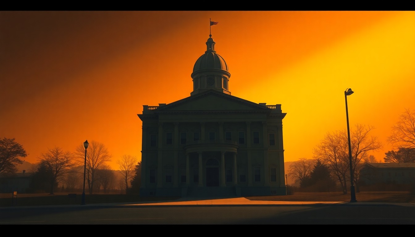 A serene, painterly depiction of the Massachusetts State House building, its facade and dome illuminated by warm, angled sunlight casting deep shadows, conveying a sense of quiet civic pride and thoughtful policymaking.