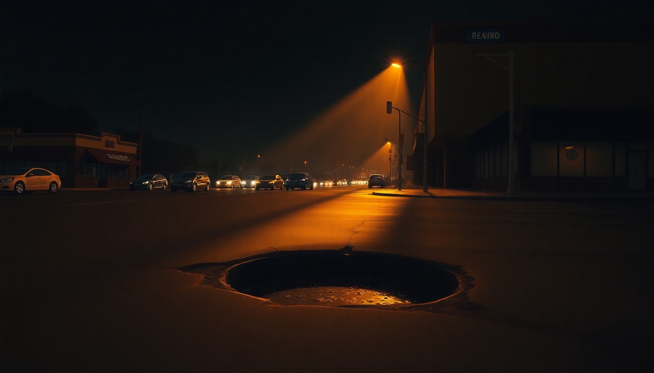 A photorealistic painting of a large pothole on a dimly lit, shadowy street, conveying a sense of urban decay and community frustration.