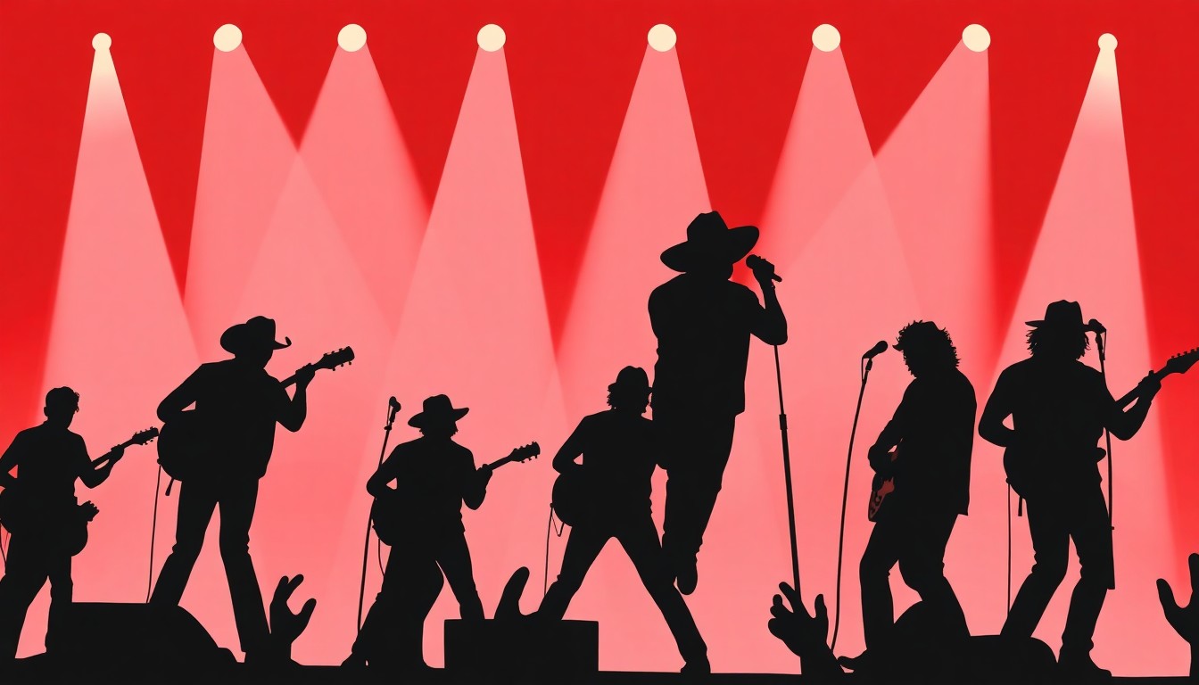 A dynamic, abstract illustration featuring bold black silhouettes against a bright red and white background, capturing the energy and excitement of a live country music performance.