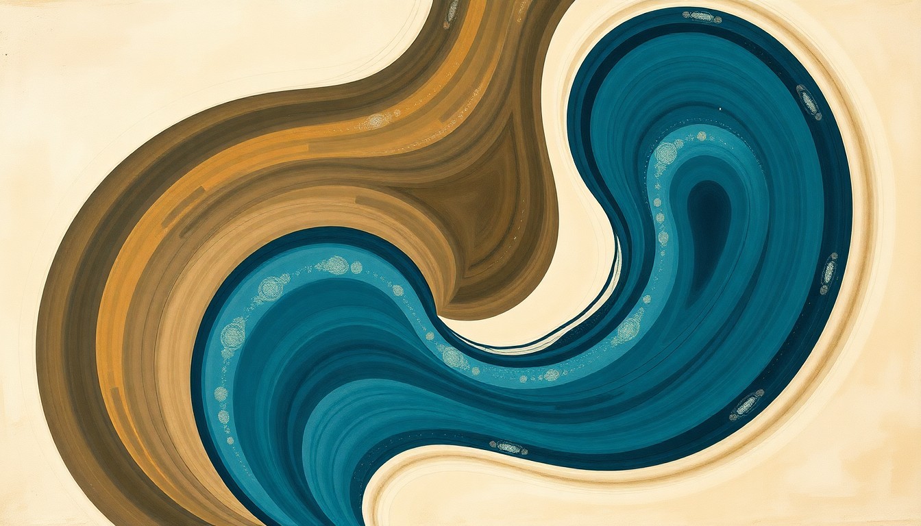 A highly structured abstract painting in muted earth tones and blues, featuring sweeping geometric arcs, concentric circles, and precise botanical spirals, conceptually representing the complex environmental forces and scientific concepts at the heart of the dispute over the Wayne Disposal landfill expansion.