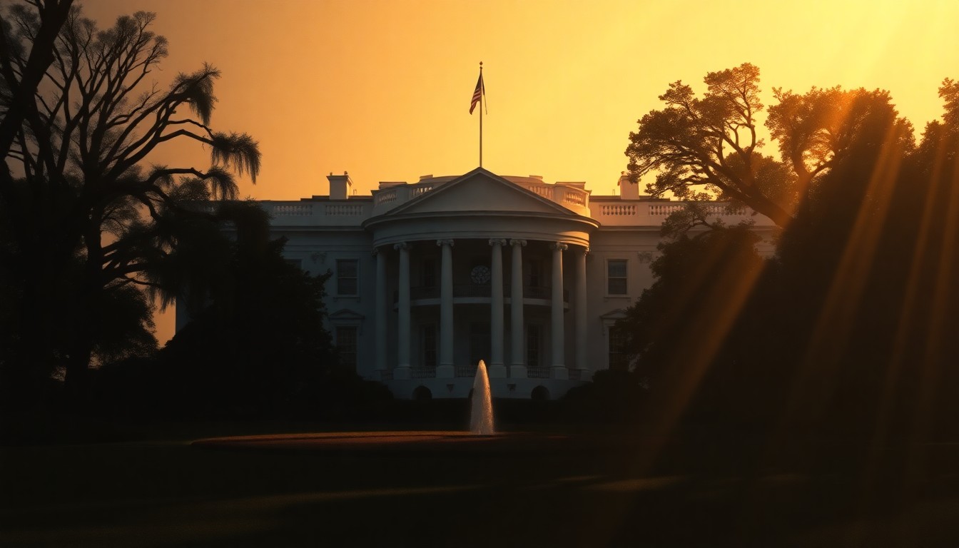A serene, cinematic painting of the White House's East Wing, with the building bathed in warm, golden sunlight and deep shadows, capturing a sense of quiet contemplation about the future of this iconic structure.