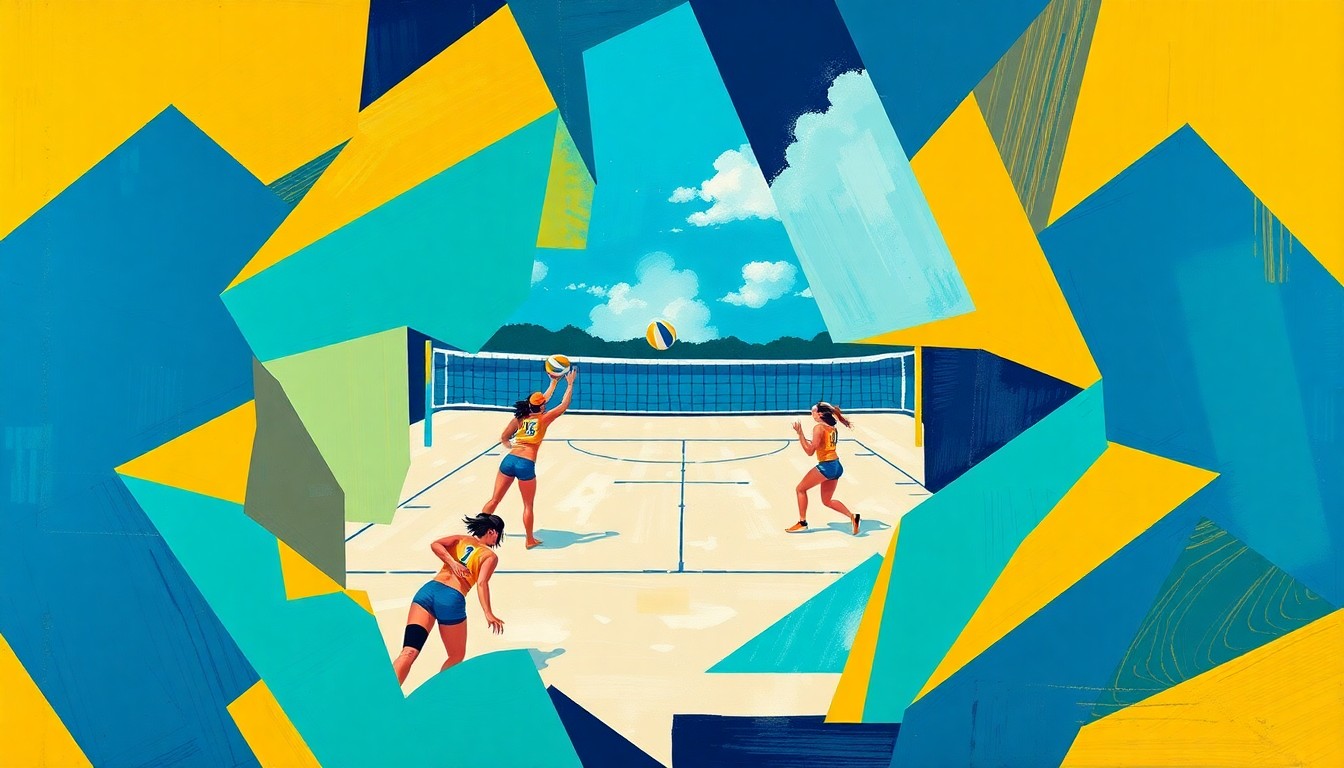 A fractured, geometric painting depicting the motion and energy of a beach volleyball match, with sharp planes of navy, teal, and gold representing the APSU team colors.