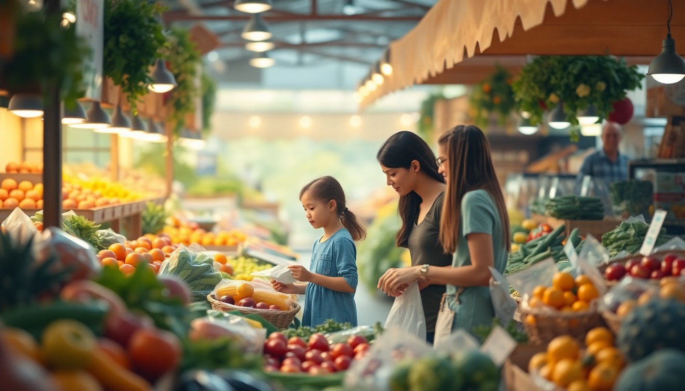 An extremely abstracted, out-of-focus photograph of a family browsing an array of fresh produce, fruits, and other local food items at an interactive farmer's market setup, all bathed in a warm, glowing light wash, conceptually representing the community-focused mission of the Chattanooga Area Food Bank's program.