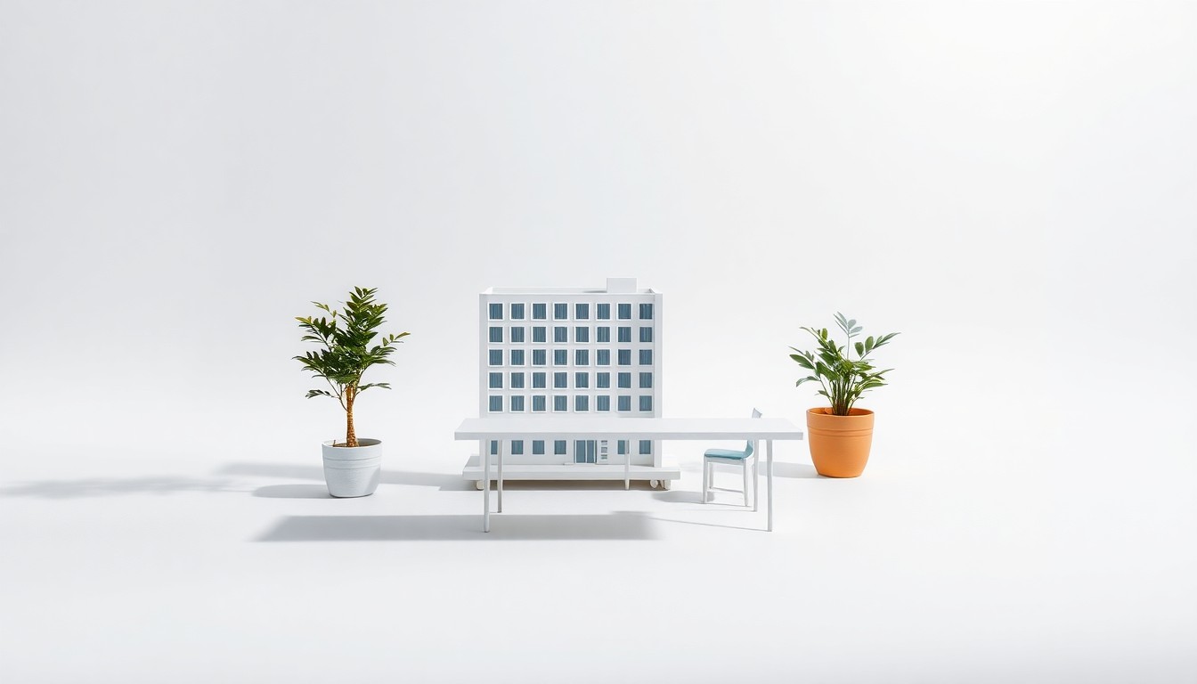 A minimalist studio still life photograph featuring a scale model of a modern hotel building, a sleek conference table, and a potted plant, all arranged elegantly on a clean, monochromatic background with dramatic lighting and shadows.