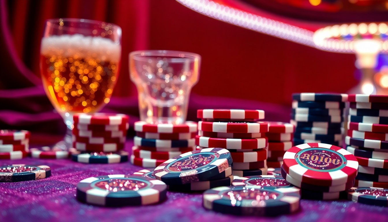 An abstract close-up photograph featuring a dramatic composition of shimmering casino chips, reflective glass, and lush velvet in vibrant colors, conveying the high-energy glamour of a Las Vegas casino milestone celebration.