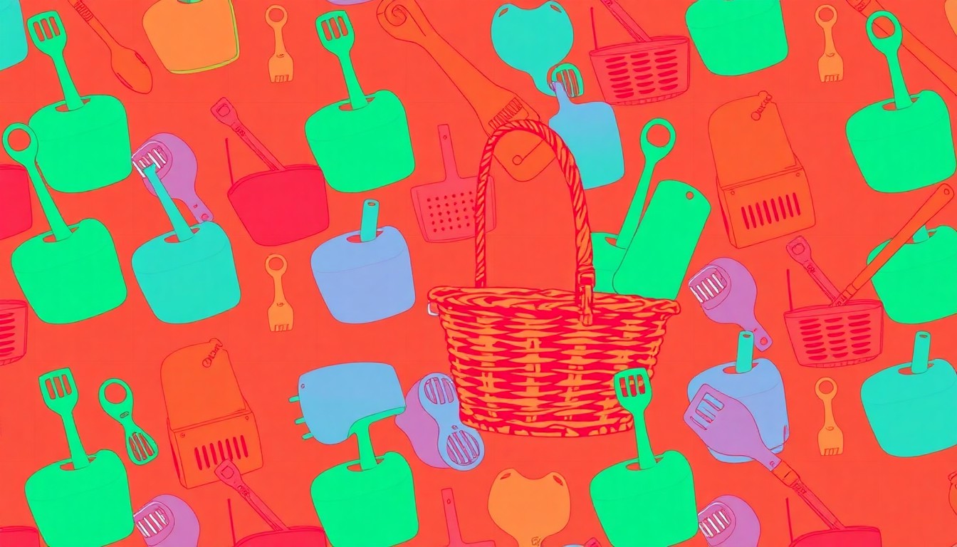 A vibrant, high-contrast silkscreen print featuring a repeated pattern of gardening tools, picnic baskets, and other iconic springtime objects in a bold, neon color palette, conceptually representing the diverse array of seasonal events and activities taking place across Northern Virginia.