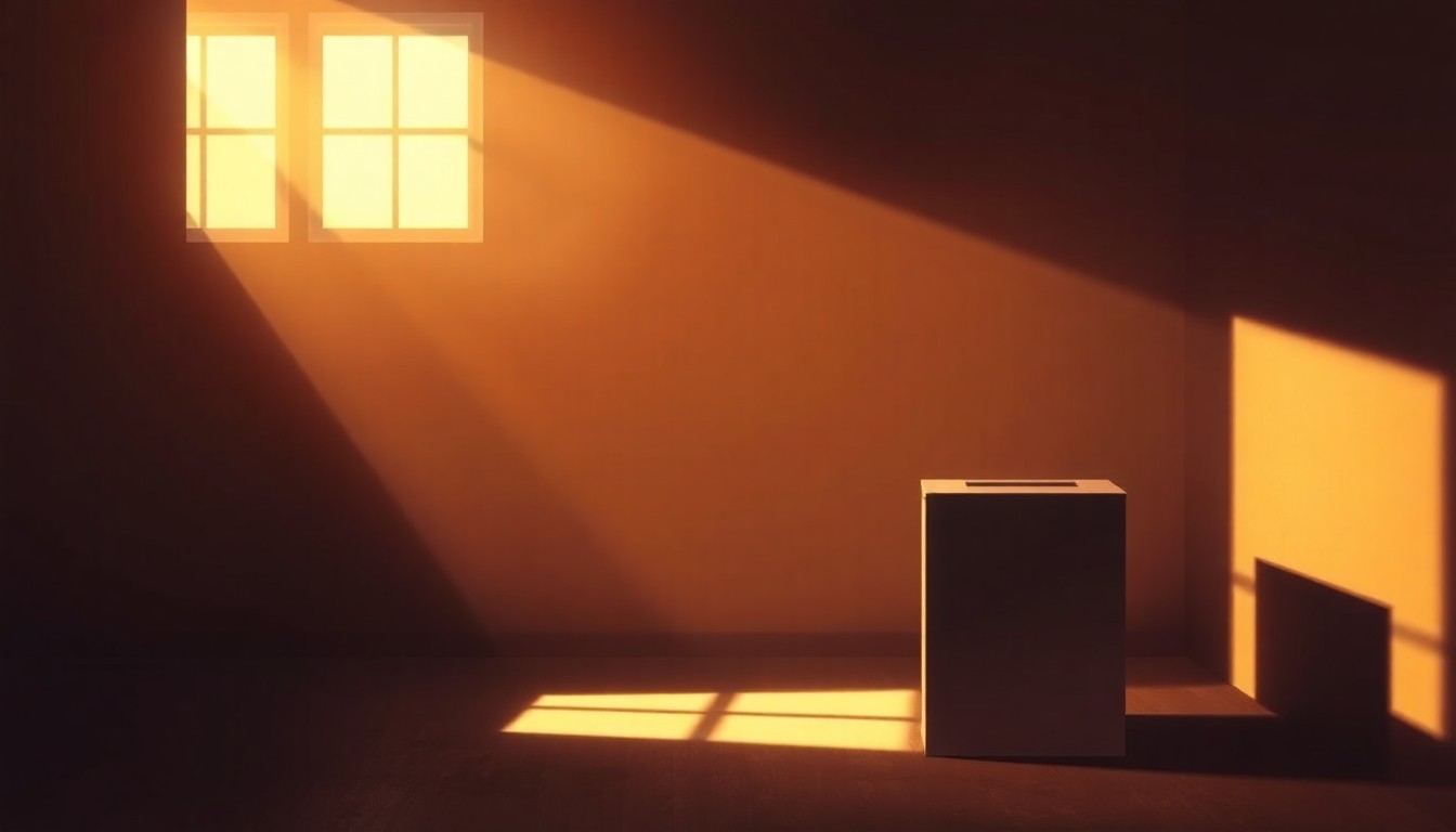 A serene, photorealistic painting of a lone ballot box sitting in a dimly lit room, with warm sunlight streaming in through a window and casting deep shadows across the scene, conveying a sense of quiet contemplation about the importance of secure and reliable elections.
