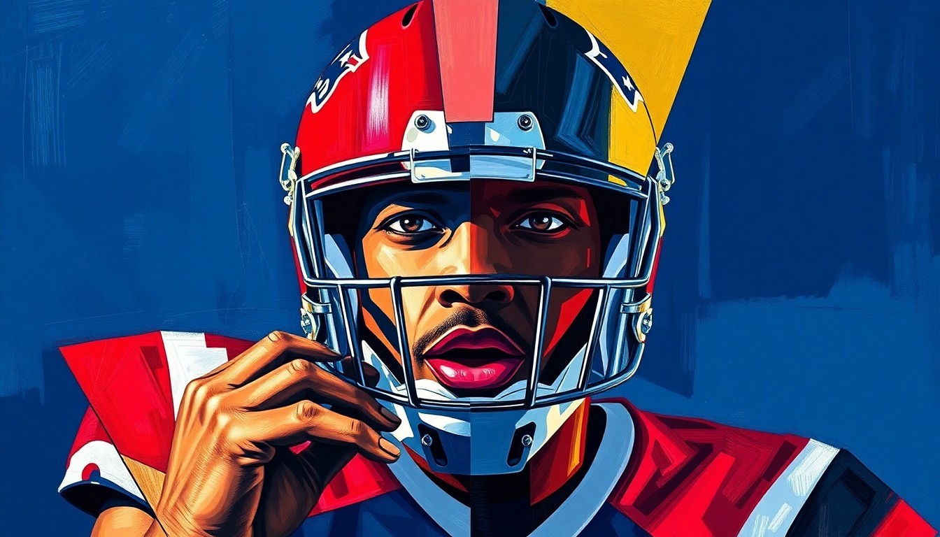 A fragmented, geometric painting depicting the highlights of Stephon Gilmore's NFL career, with sharp planes of color representing his athletic accomplishments on the field.