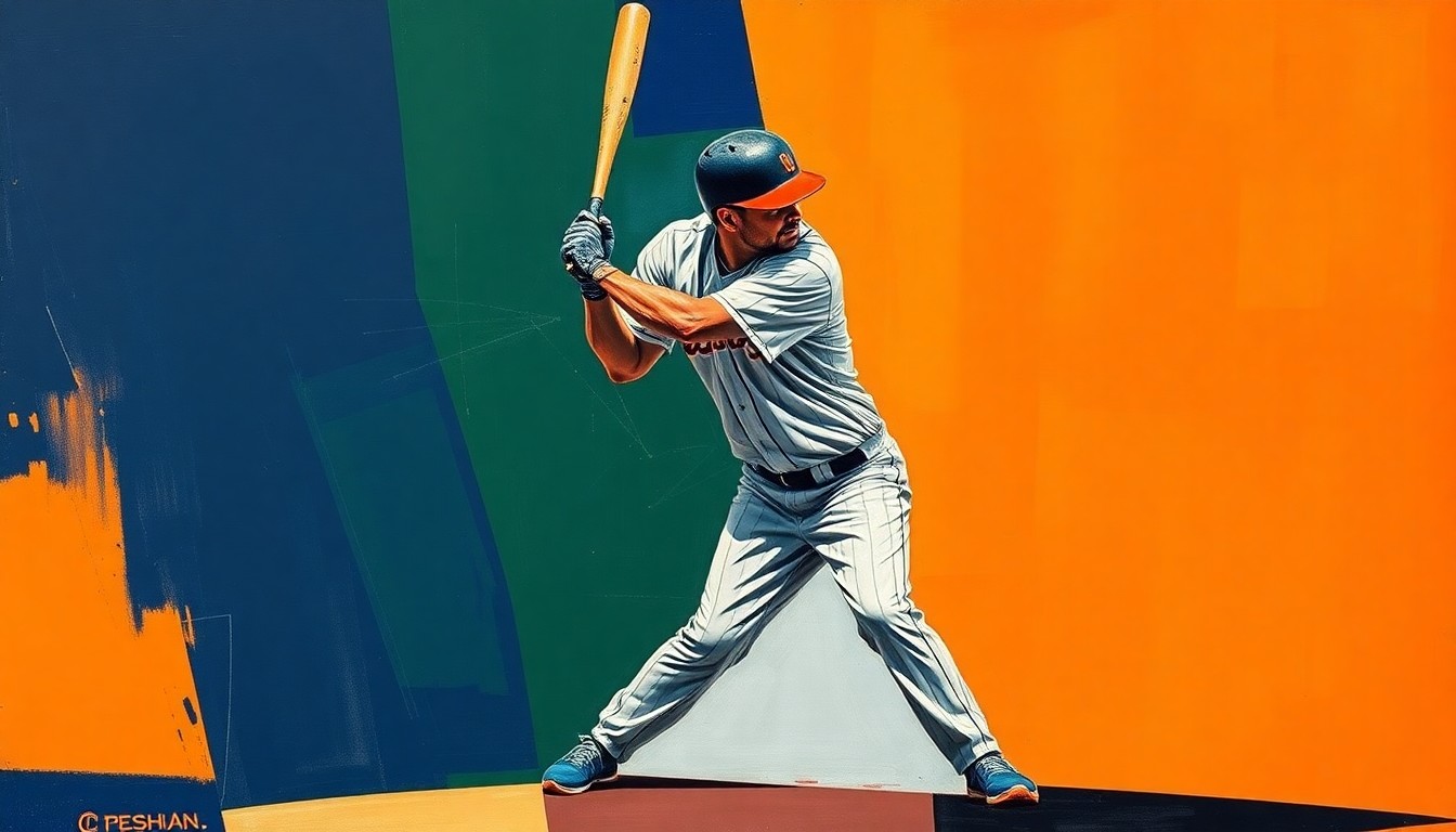 A cubist, geometric painting depicting a baseball player in motion, with their body fractured into overlapping planes of navy, green, and orange, conveying the raw athleticism and potential of a rising star.