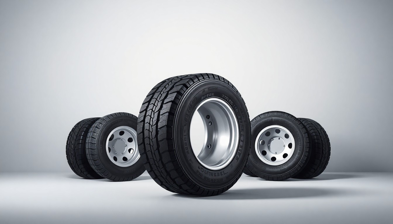 A high-end, photorealistic studio still-life photograph featuring a set of premium commercial truck tires arranged elegantly on a clean, monochromatic seamless background, conceptually representing the legacy of Commercial Tire's founder.