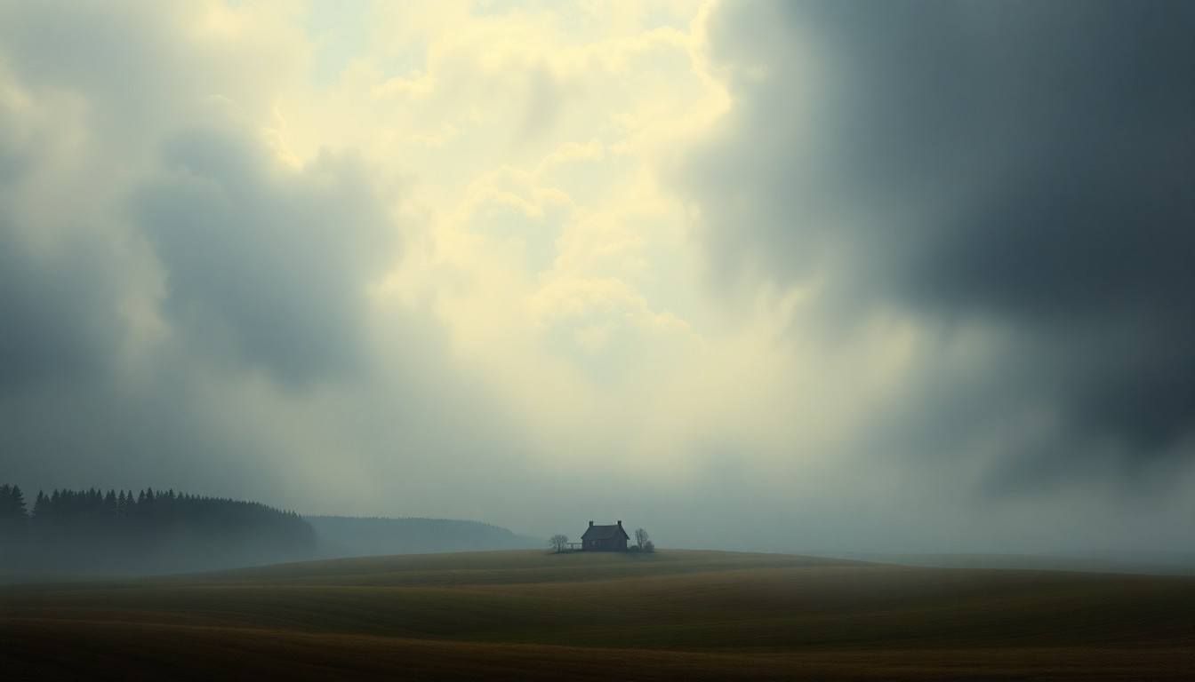 A vast, atmospheric landscape painting in muted earth tones, with a small farmhouse structure barely visible through the heavy fog, conveying the overwhelming scale and power of the natural environment.
