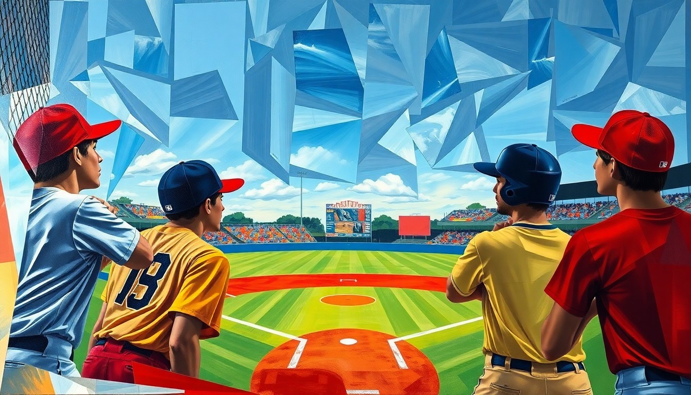 A cubist-style painting depicting a high school baseball game, with the players' forms broken down into overlapping geometric shapes in the team colors, the baseball diamond and stadium fading into the background.