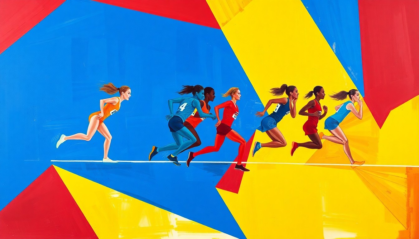 A cubist, geometric painting depicting the motion and energy of a relay race, with overlapping planes of bright red, royal blue, and golden yellow shapes representing the runners and the baton exchange.