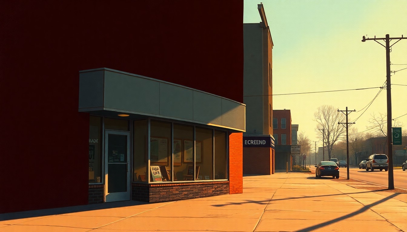 A serene, painterly depiction of a single retail storefront in Orland Park, Illinois, with warm lighting and deep shadows, capturing the town's balance between commercial progress and community identity.