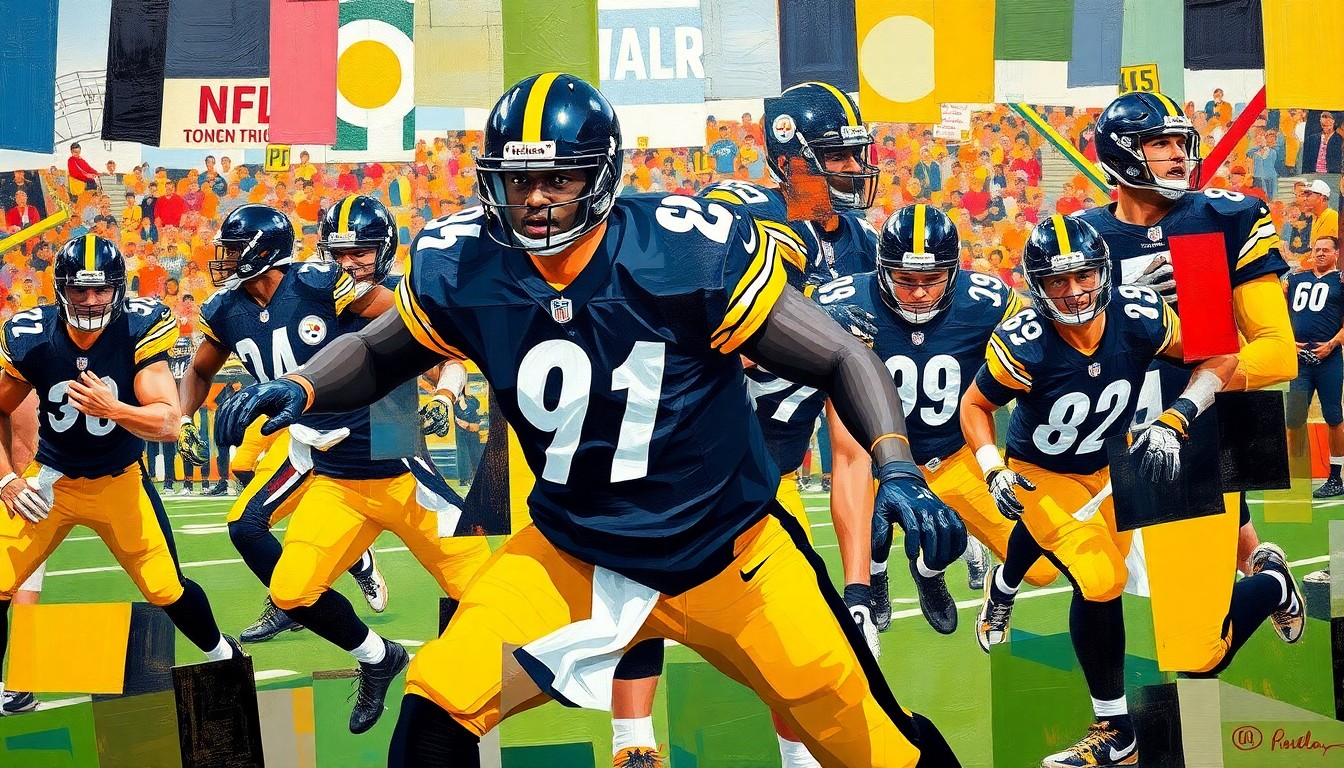 A fractured, geometric painting in bold black, gold, and blue hues, depicting fragmented shapes and planes that suggest the motion and intensity of an NFL draft selection.