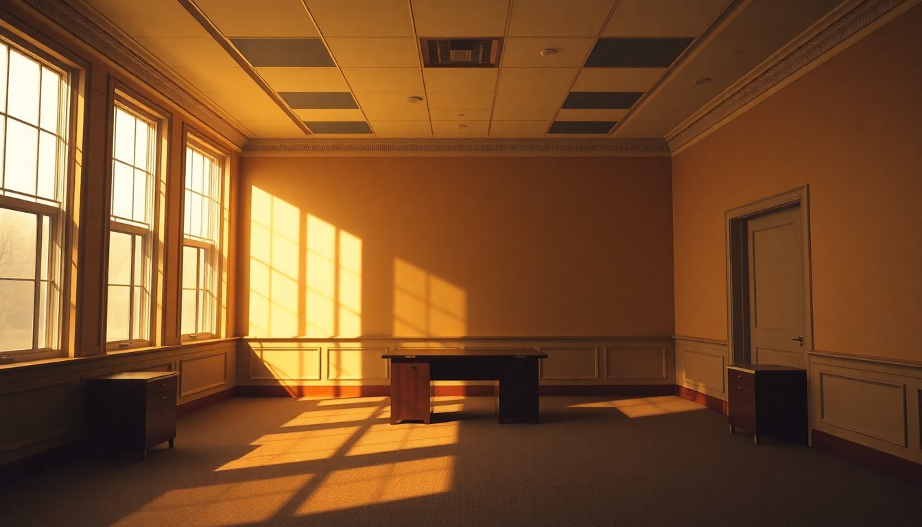 A dimly lit, cinematic government office space with a lone desk and chair, the room bathed in warm, diagonal sunlight and deep shadows, conveying a sense of political tension and uncertainty.
