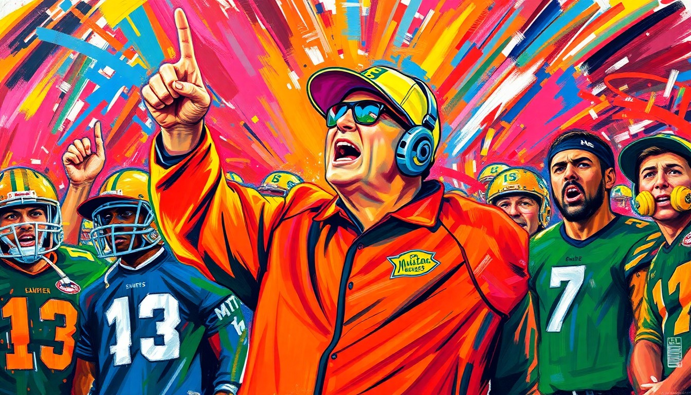 An abstract expressionist painting featuring bold, energetic brushstrokes in neon shades of green, blue, and orange, conveying the intensity and passion of a football coach leading his team.