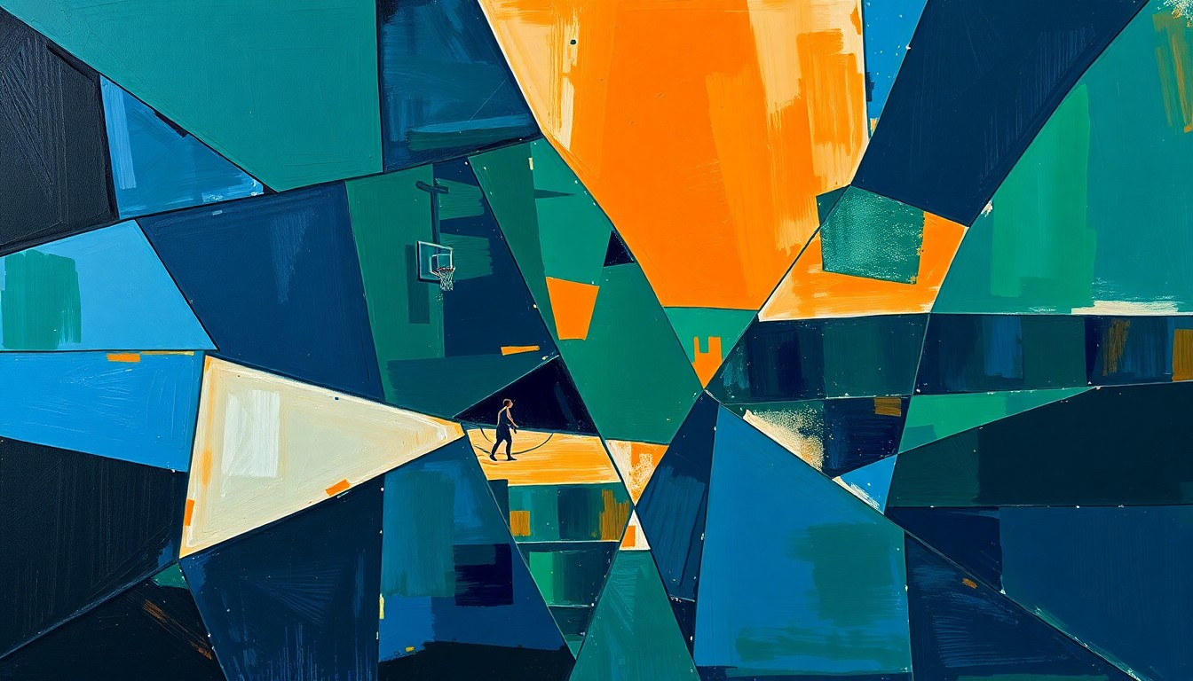 A cubist-style painting featuring fragmented, geometric shapes in navy, green, and orange hues, conceptually representing the multifaceted nature of a women's basketball game and the transition Alyse Aby is making in her college career.